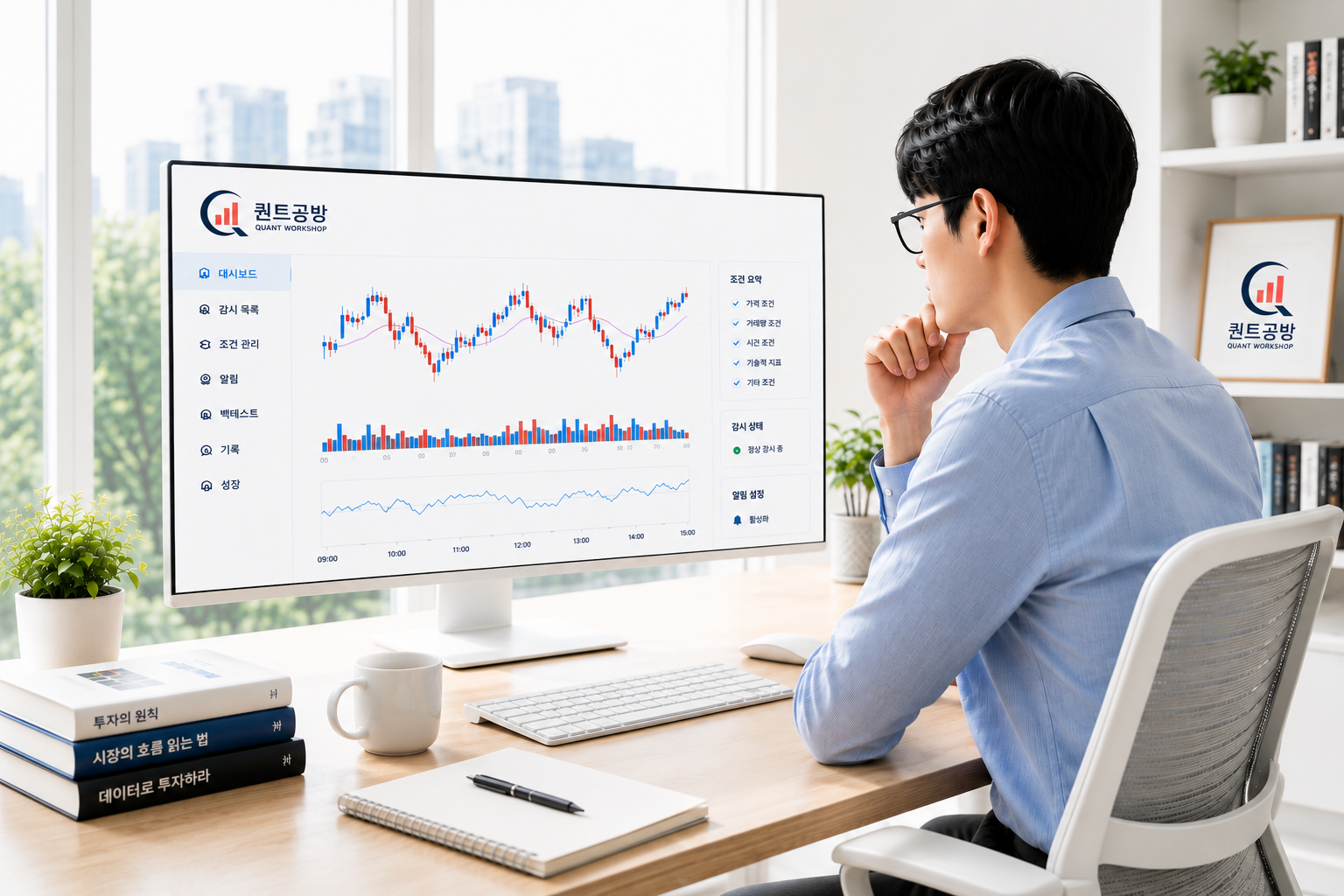 노트북 차트와 책, 식물, 노트와 펜이 놓인 밝은 투자 작업공간